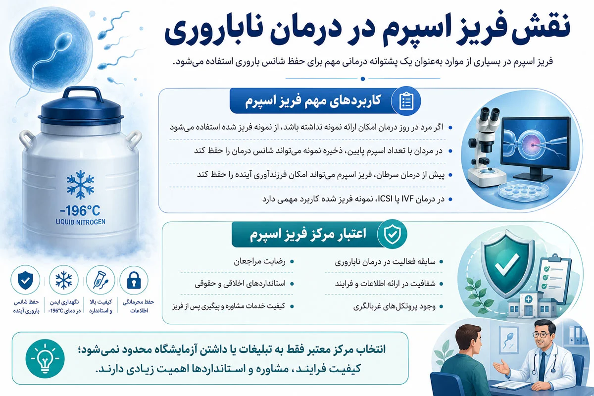 بهترین مرکز فریز اسپرم؛ راهنمای انتخاب مرکز معتبر، هزینه و شرایط نگهداری 2 نقش فریز اسپرم در درمان ناباروری