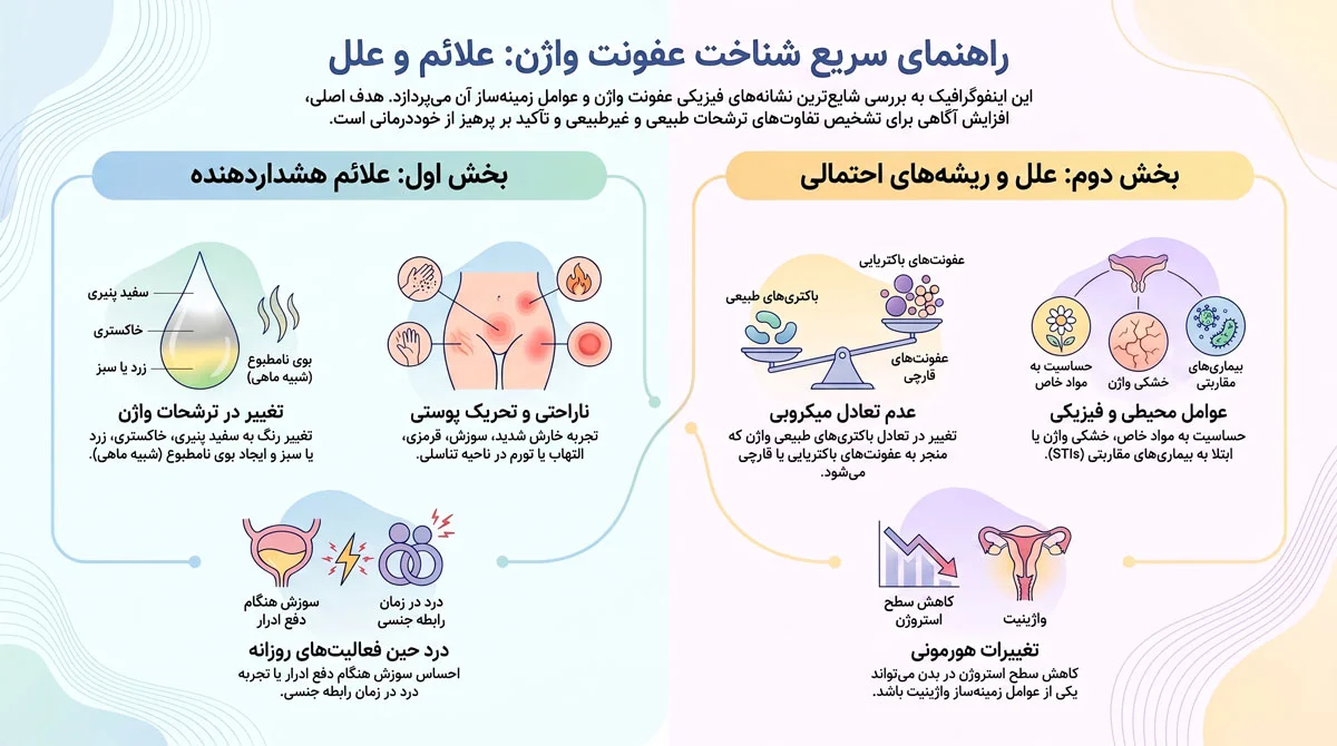 عفونت واژن چیست؟ علائم، علتها، انواع و بهترین روش درمان 1 خلاصه سریع عفونت واژن در یک نگاه