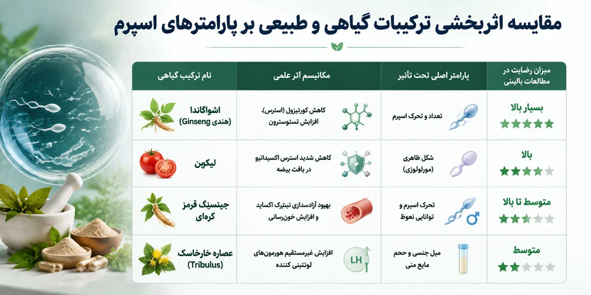 مکمل تقویت اسپرم؛ بررسی ترکیبات مؤثر برای بهبود کیفیت اسپرم 3 مقایسه اثربخشی ترکیبات گیاهی و طبیعی بر پارامترهای اسپرم